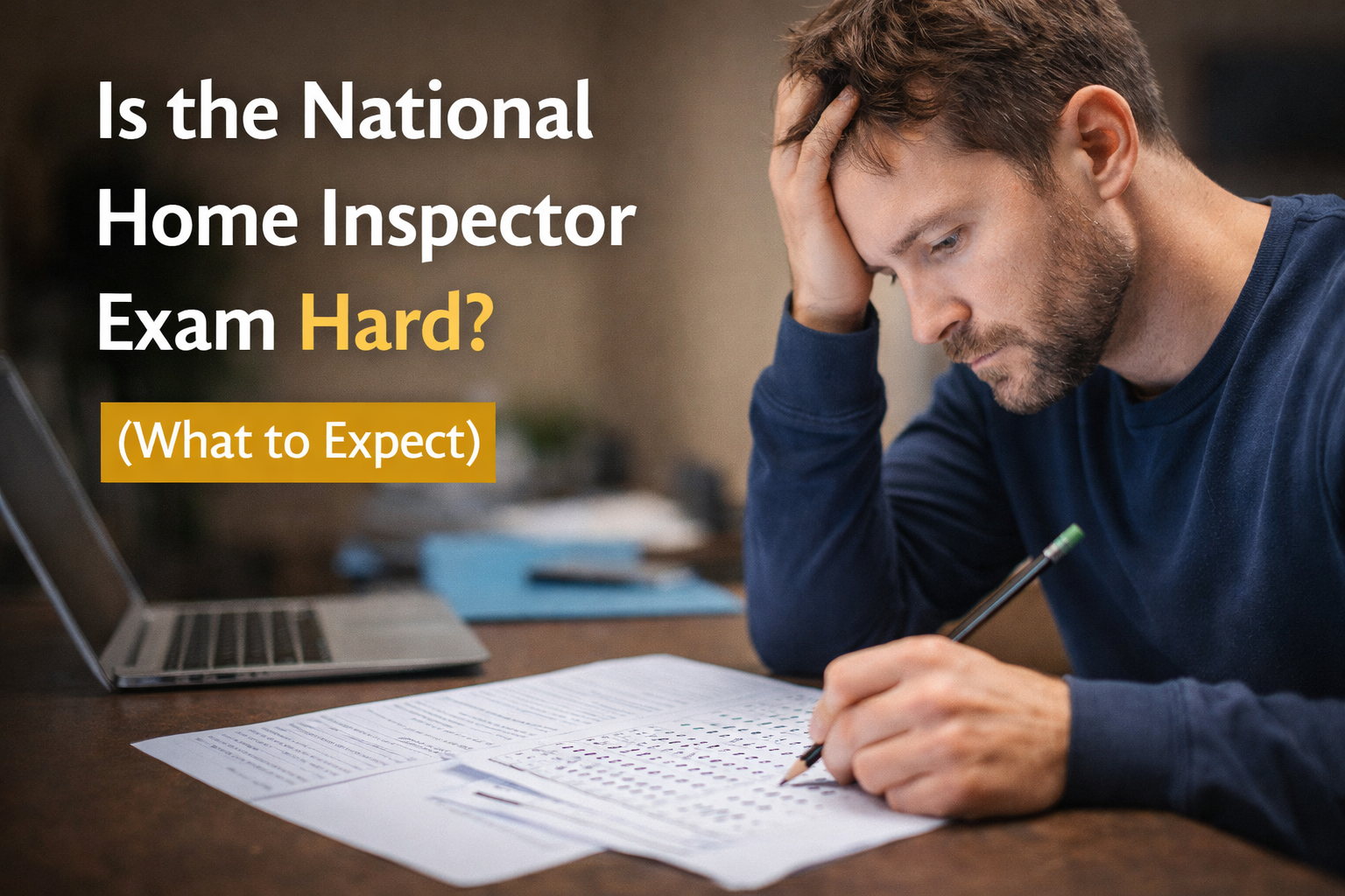 Person studying and taking a home inspection exam while reviewing questions at a desk