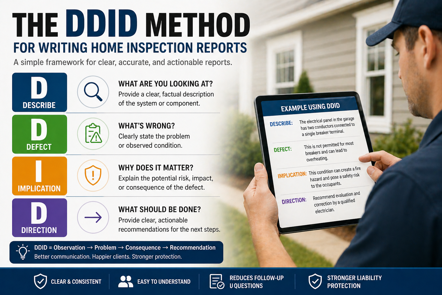 DDID method diagram for home inspection reports showing Describe Defect Implication Direction framework