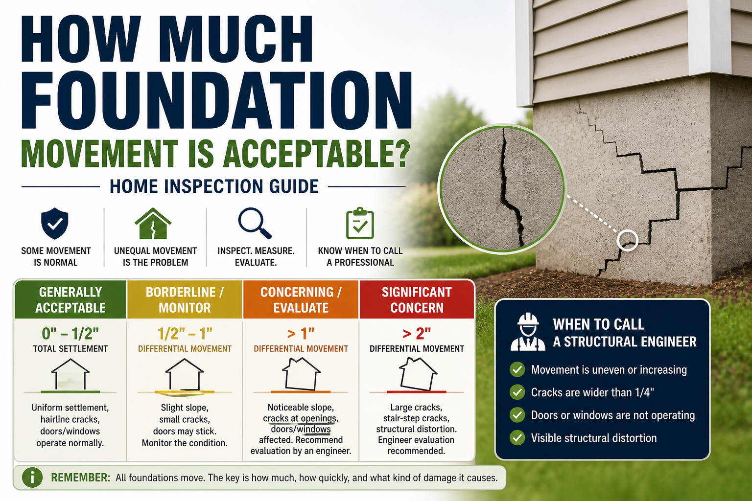 Foundation cracks and movement guide showing acceptable vs concerning settlement levels in home inspections