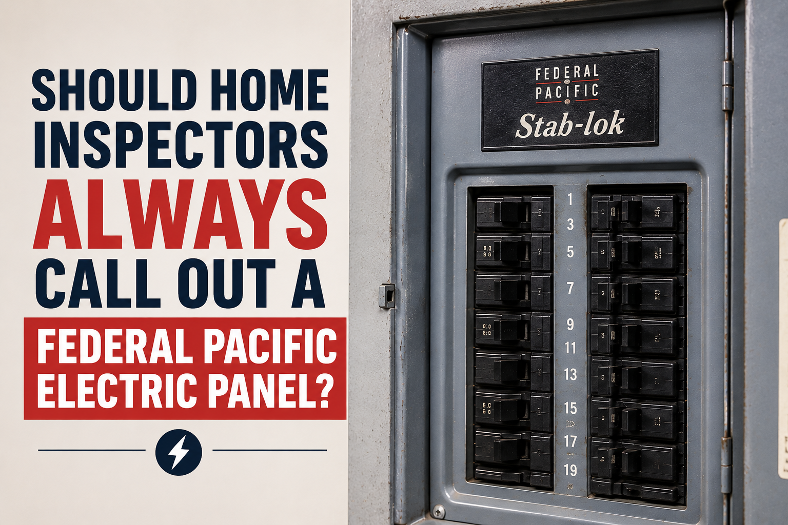 Federal Pacific Electric Stab-Lok panel with question about whether home inspectors should always report it