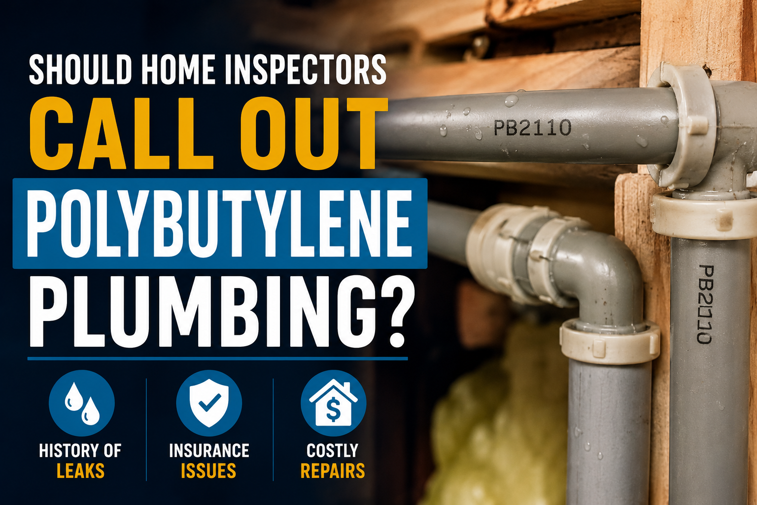 Polybutylene PB2110 plumbing pipes commonly identified during home inspections due to leak and insurance concerns