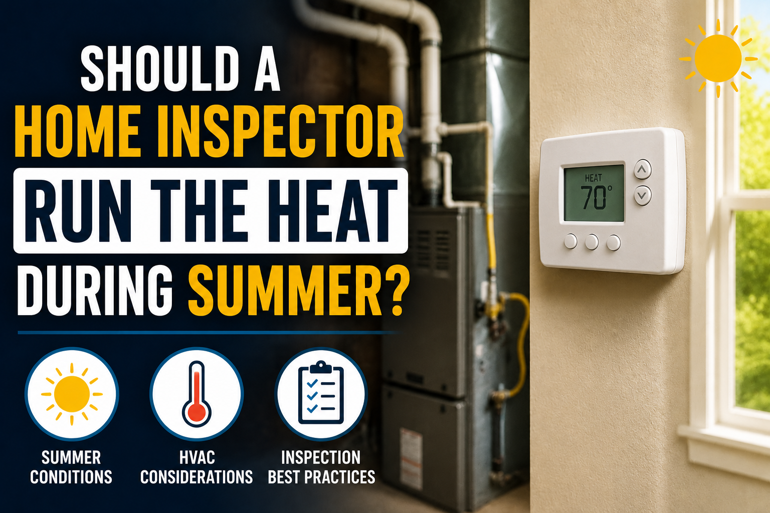 Thermostat set to heat mode during summer with furnace system in background during a home inspection